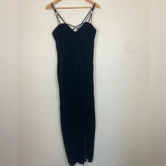 Vintage 90s Y2K strappy back velvet column dress with front slit. - Picture 2 of 11